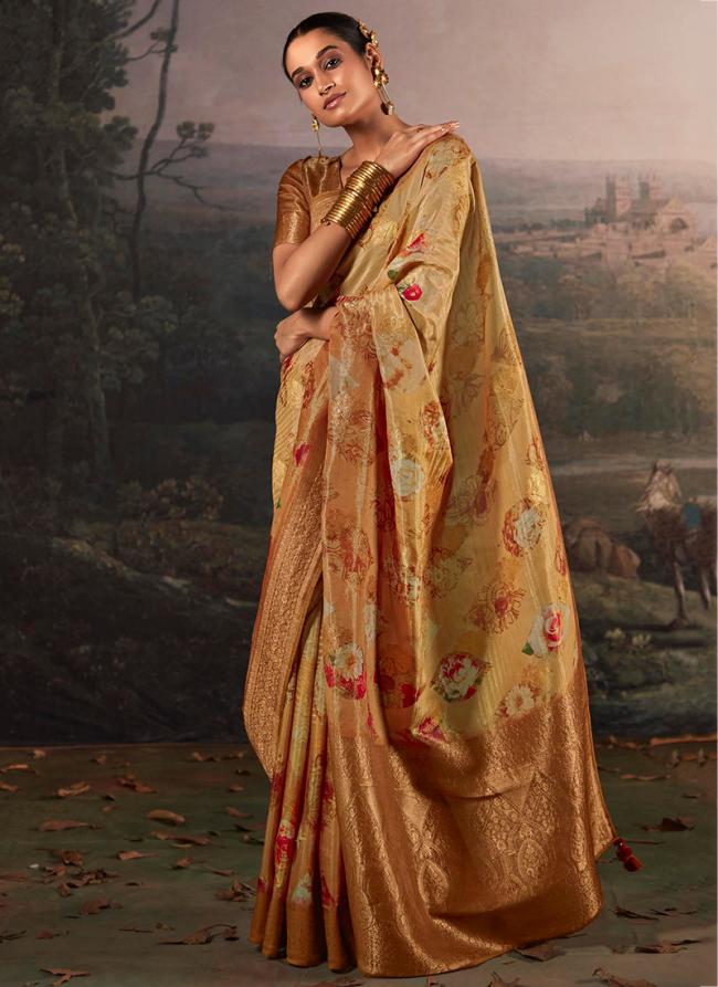 Linen Golden Festival Wear Floral Printed Saree